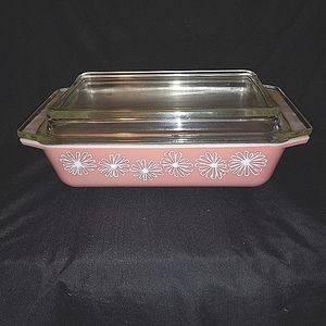 *RARE* VINTAGE PYREX PINK DAISY SPACE SAVER CASSEROLE DISH GLASS LID & METAL LID